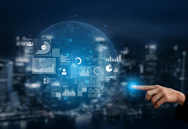 Hand interacting with digital data visualization