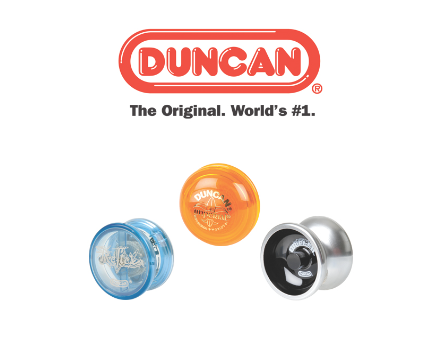 Three colorful Duncan yo-yos displayed.