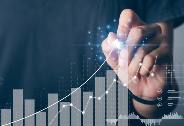 Hand pointing at upward graph